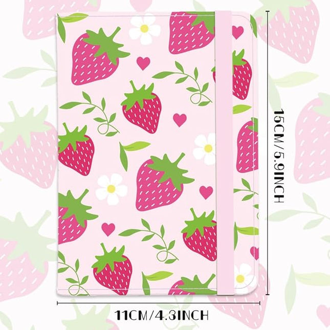 Strawberry Leather Passport Holder Cover Pink Hearts Flower Travel Wallet Passport Case with Credit Card Slots for Women Men Travelling Essentials for Flying