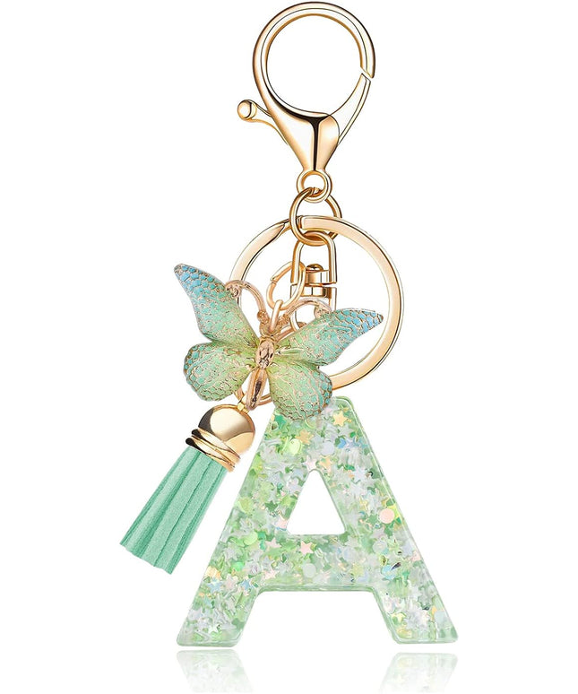 Fashion Alphabet Initial Letter Keychain Tassel Butterfly Pendant Key Ring for Purse Handbags Women Girl