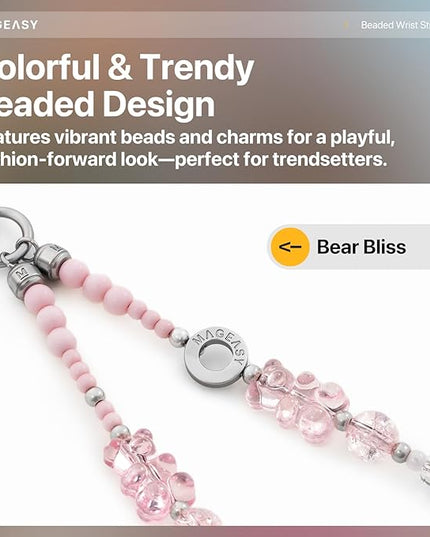 MAGEASY Beaded Phone Charm for Women - Cell Phone Wrist Strap with Teather Tab, Designed for iPhone & Android Phones, Keychain, Camera - Bear Bliss with Lobster Hooks (Double Hooks)