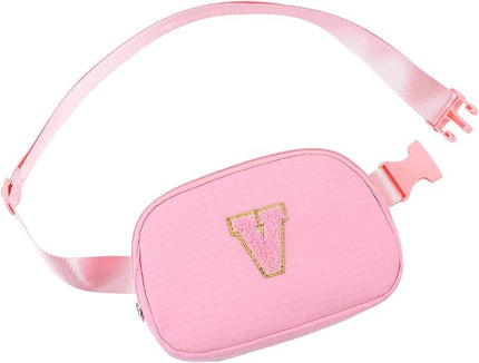Glratn Initial Letter Fanny Pack for Girls,Patch Belt Bag,Toddler Crossbody Bags，Gifts for 3 4 5 6 7 8 9 10 11 12 Year Old Teens Kids,Christmas Graduation Gifts for Teen Girls.(Pink-V)