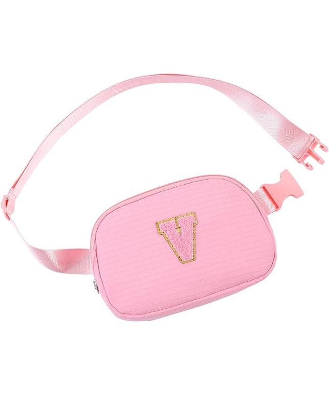 Glratn Initial Letter Fanny Pack for Girls,Patch Belt Bag,Toddler Crossbody Bags，Gifts for 3 4 5 6 7 8 9 10 11 12 Year Old Teens Kids,Christmas Graduation Gifts for Teen Girls.(Pink-V)