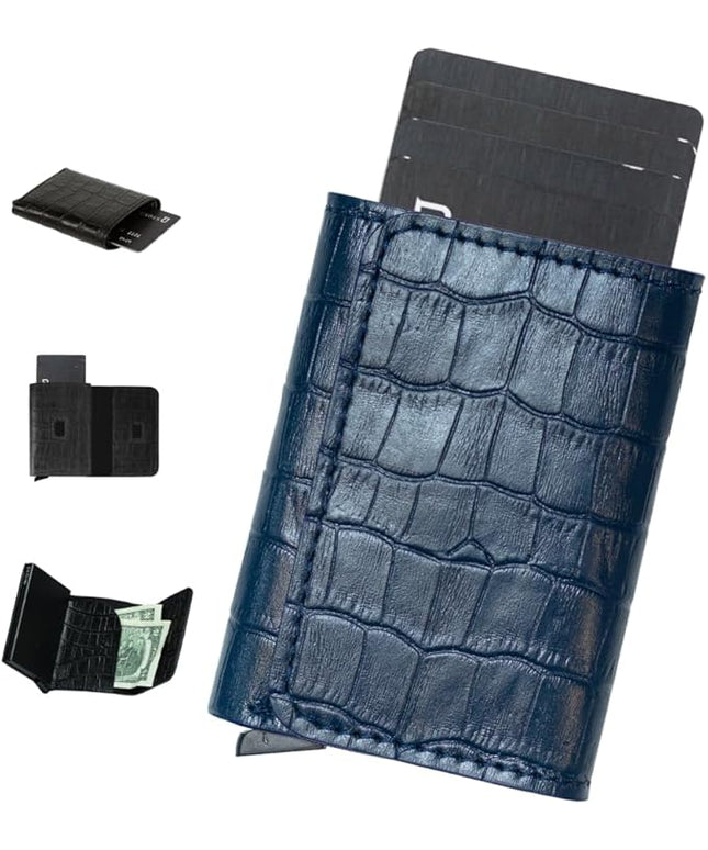 Jenoss Smart Wallet For Men: Full Grain Leather, Slide Metal Pop Up Case, Slim RFID Blocking Credit Card Holder, Minimalist, Compact, 6-8 Cards Organizers, Front Pocket, Money Clip (Navy 2)