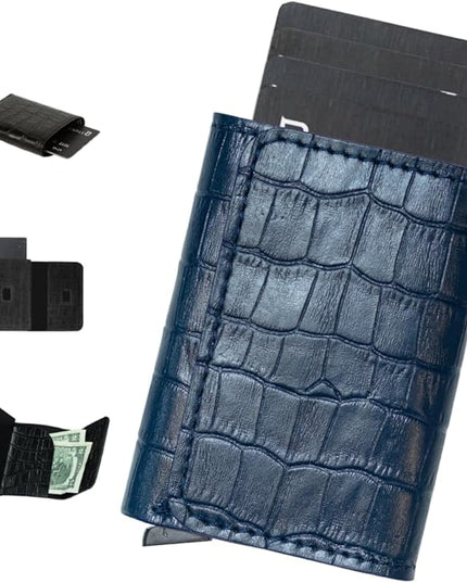 Jenoss Smart Wallet For Men: Full Grain Leather, Handcrafted, Slide Metal Pop Up Case, Slim RFID Blocking Credit Card Holder, Minimalist, Compact, 6-8 Cards Organizers, Front Pocket, Money Clip (Navy)