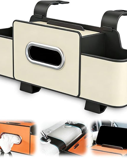Multifunctional Car Seat Back Storage Box, 3-in-1 Backseat Car Organizer with Dual Cup Holders, Hold Phones, Snacks, Drinks, and Handbags (Beige)