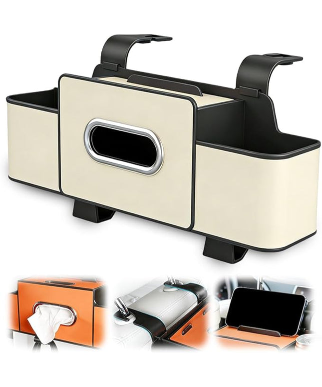 Multifunctional Car Seat Back Storage Box, 3-in-1 Backseat Car Organizer with Dual Cup Holders, Hold Phones, Snacks, Drinks, and Handbags (Beige)