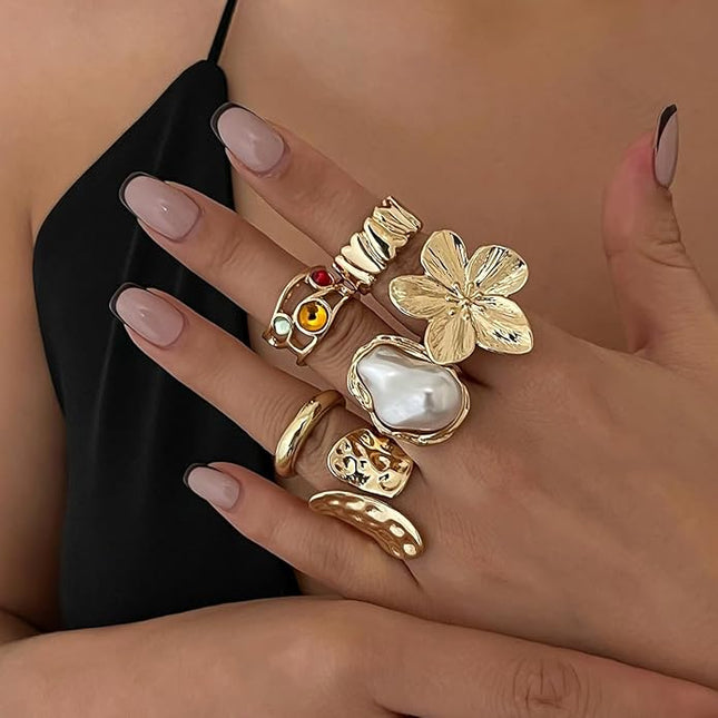Rings for Women Adjustable Chunky Rings Set Vintage Wide Colorful Flower Stackable Ring for Women Thick Statement Ring Chunky Jewlery