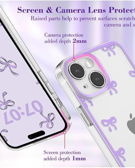 Designed for iPhone Case,Clear Cute Ribbon Bowknot Pattern Aesthetic Transparent Phone Case Raised Camera Protection Stylish Slim Soft Phone Case (Purple,iPhone 14 Plus)