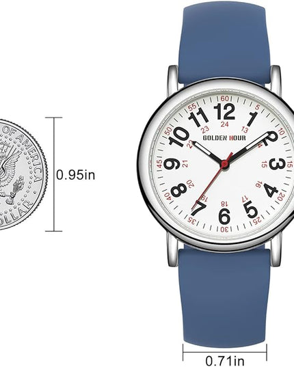 GOLDEN HOUR Waterproof Nurse Watch for Medical Professionals, Students Women Men - Military Time Luminouse Easy Read Dial, 24 Hour with Second Hand, Colorful Silicone Band
