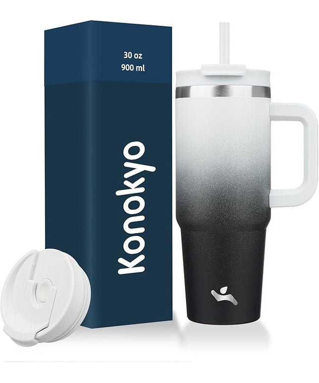 30 oz Tumbler with Handle and 2 Straws,2 in 1 Lid Insulated Water Bottle Stainless Steel Travel Coffee Mug,Day Night