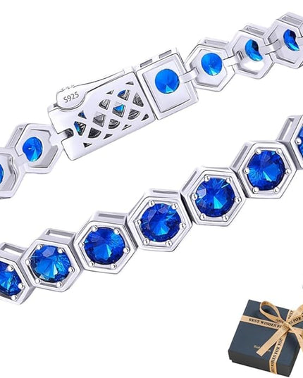 Birthstone Tennis Bracelets for Women Birthday Gifts 925 Sterling Silver Hexagon White Gold Bracelets Round Cut 5A Cubic Zirconia Prong Setting 7 Inch Anniversary Jewelry Gift