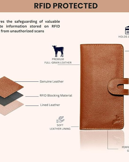 DEERHANDMADE womens wallet (Holds 15-18 Cards, 4 Flat Pockets, 1 ID Windows) Genuine Leather clutch purses for women | Slim long wallets for women | rfid blocking wallet (brown wallets)