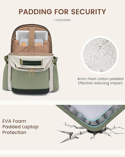 LOVEVOOK Laptop Backpack for Women with Pouch Pocket for Large Capacity Cup,15.6 Inch Laptop Computer Bag Travel Backpack Purse,Waterproof Work College Teacher Bags,White-Bean Green-Dark Olive Green