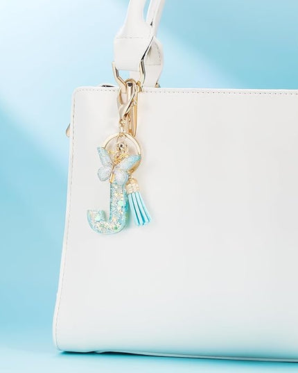 Fashion Alphabet Initial Letter Keychain Tassel Butterfly Pendant Key Ring for Purse Handbags Women Girl