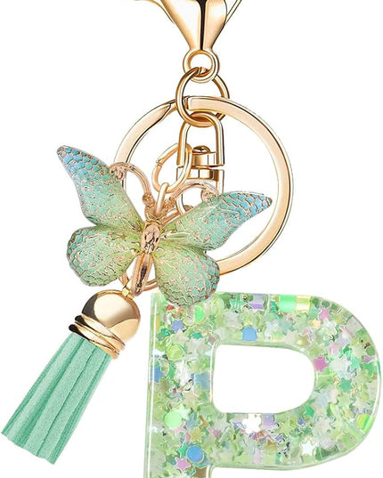 Fashion Alphabet Initial Letter Keychain Tassel Butterfly Pendant Key Ring for Purse Handbags Women Girl