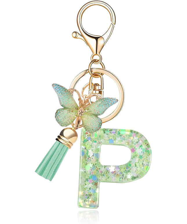 Fashion Alphabet Initial Letter Keychain Tassel Butterfly Pendant Key Ring for Purse Handbags Women Girl