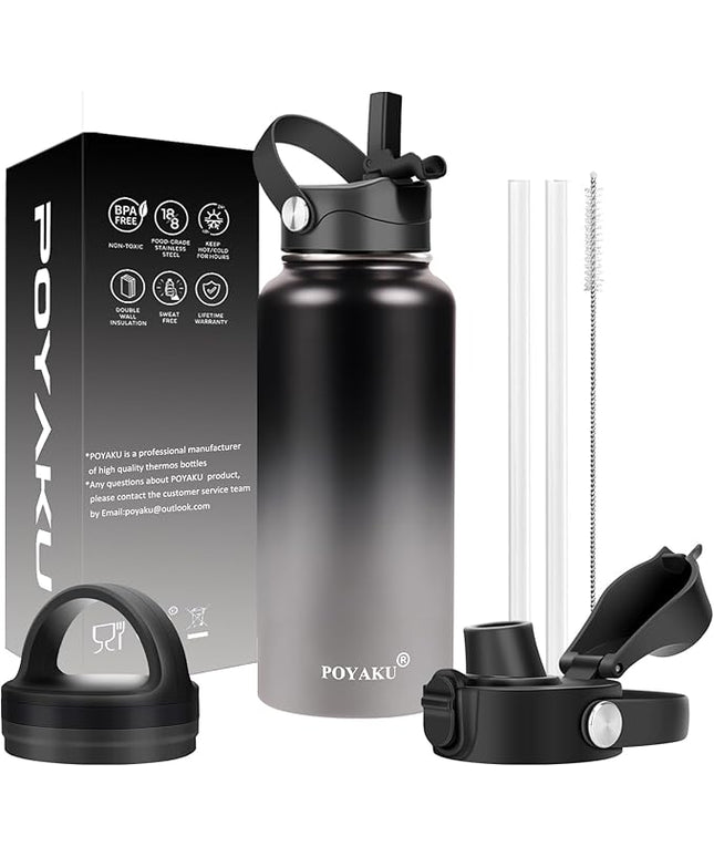 Water Bottle Insulated 32oz 40oz 64oz 128oz Straw Lid Spout Lid & 3 Lids, Leak Proof, Vacuum Insulated,Stainless Steel Water Bottle Wide Mouth for Sports, Gym or Office