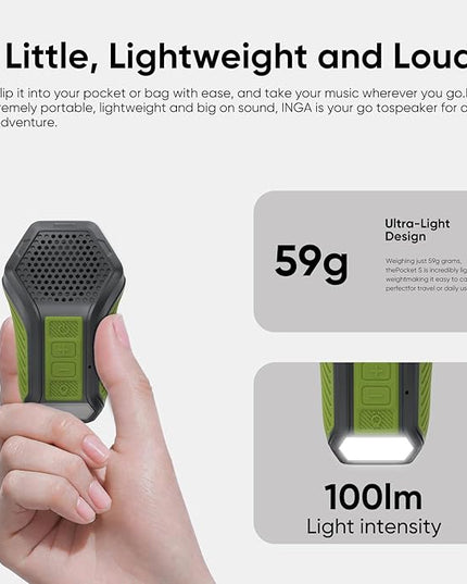 INGA Wearable Bluetooth Speaker, Mini Clip-on Portable Speaker with Light & Warning Lamp, Built-in Mic, Hands-Free Calling, for Work, Cycling, Golf & Outdoor Use(Army Green)