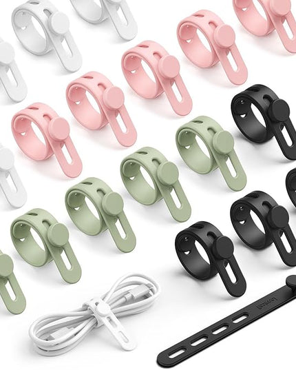Lamicall 20Pack Silicone Cable Ties Cord Organizer - [4 Adjustable Holes] Multi Color Elastic Reusable Cord Wraps Management, Home Organizer Ties for Phone Charger Electrical Cable, Travel Essentials