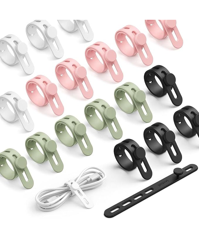 Lamicall 20Pack Silicone Cable Ties Cord Organizer - [4 Adjustable Holes] Multi Color Elastic Reusable Cord Wraps Management, Home Organizer Ties for Phone Charger Electrical Cable, Travel Essentials