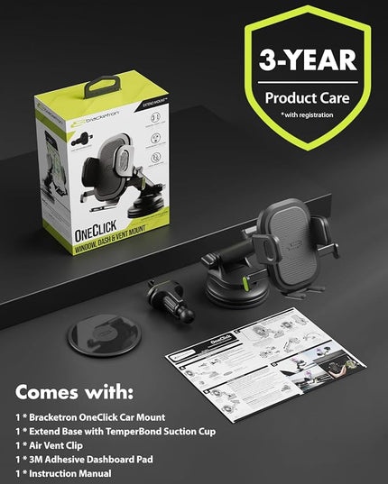 Bracketron Easy OneClick Cell Phone Holders for Your Car, Universal Car Mount Suction Cup for Dashboard Windshield Air Vent Truck Stand, for iPhone Samsung Google, All Smartphones & Car Models, Black