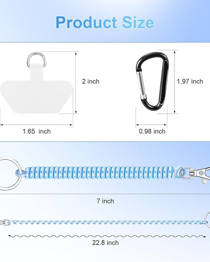 SHANSHUI Phone Tether, 2 Pcs Anti Theft Spring Phone Strap, 4 x Tether Pacthes & Carabiner Clips Universal Cellphone Lanyard for Keys Outdoor Skiing Hiking Fishing Fitting for All Smartphones
