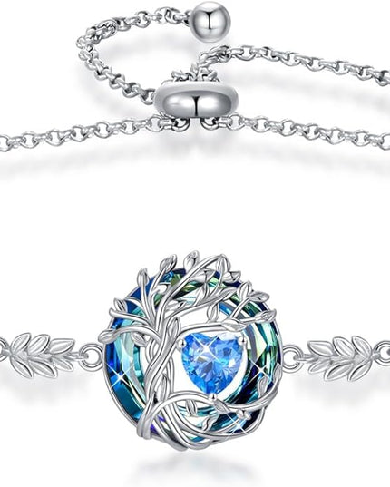 TOUPOP Tree of Life Birthstone Bracelet 925 Sterling Silver Family Tree Austrian Crystal Jewelry Anniversary Birthday Christmas Gifts for Women Wife Girlfriend Her