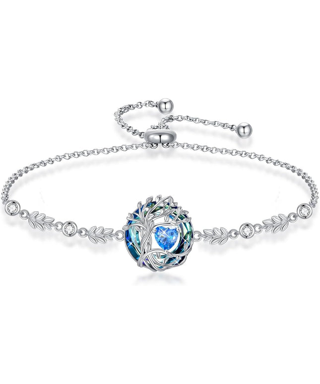 TOUPOP Tree of Life Birthstone Bracelet 925 Sterling Silver Family Tree Austrian Crystal Jewelry Anniversary Birthday Christmas Gifts for Women Wife Girlfriend Her