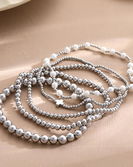 Gold Beaded Bracelets for Women, 14K Real Gold Plated Jewelry for Women Dainty Pearl Bead Bracelets Stack, Non Tarnish Trendy Stackable Ball Cross Stretch Bracelet Set Fashion Accessories Gifts