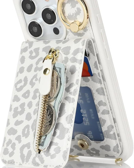 for iPhone 15 Pro Wallet Case with Card Holder, for iPhone 15 Pro Case Wallet with Strap Credit Card Slot, Crossbody Bag with Zipper Case for iPhone15 Pro - White Leopard