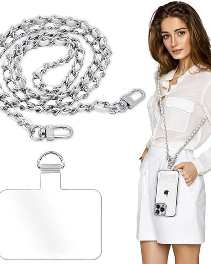 Phone Crossbody Chain Cell Phone Lanyard,Leather+Metal Shouder Strap Universal Cellphone Chain Strap with Tether Patches Compatible with Most Phones Bag Purse Silver+White