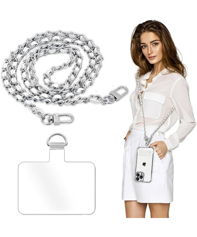 Phone Crossbody Chain Cell Phone Lanyard,Leather+Metal Shouder Strap Universal Cellphone Chain Strap with Tether Patches Compatible with Most Phones Bag Purse Silver+White