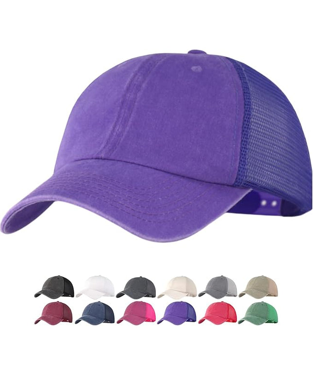 Vintage Washed Soft Crown Baseball Cap Plain Snapback Trucker Hat Men Women Adjustable Distressed Mesh-Back Ball Cap