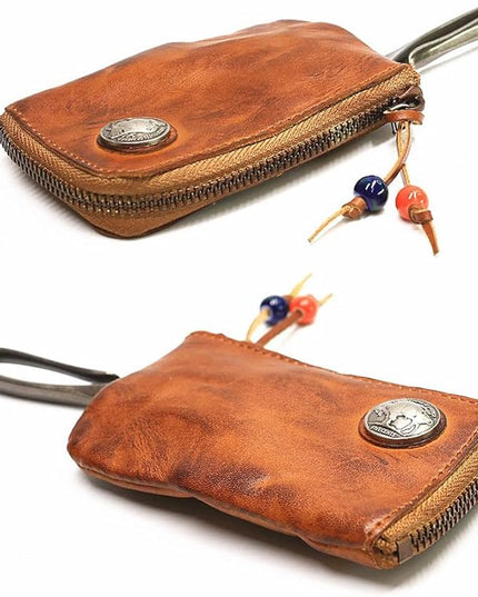 Wugebud 1 Pcs Leather Mini Medieval Pouch Keychain, Coin Organizer, Change Holder, Leather zipper Pouch for Men & Women