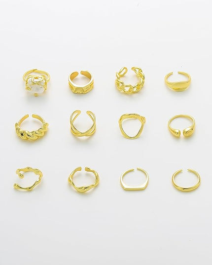 Chunky 14K Gold Plated Stackable Rings Set for Women,Vintage Knuckle Rings Dainty Hollow Carved Joint Finger Midi Rings Pack Adjustable Signet Mixed Size