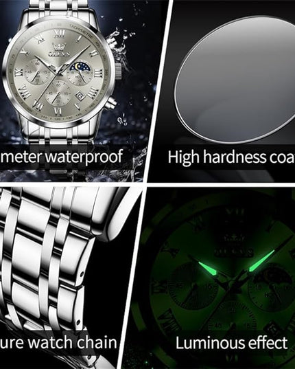 OLEVS Mens Watch Luxury Big Face Stainless Steel Analog Quartz Multifunctional Waterproof Luminous Date Two Tone Fashion Dress Wrist Watches for Man