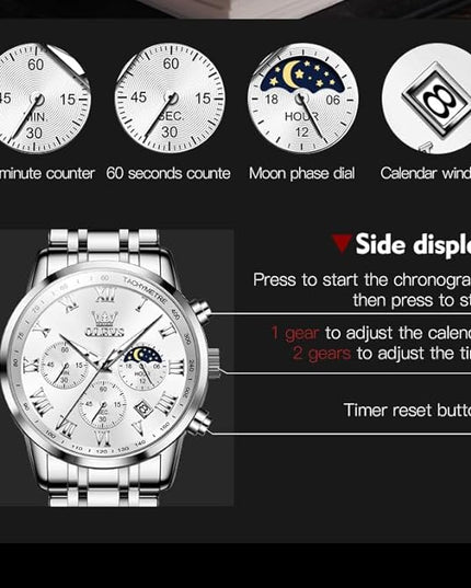 OLEVS Mens Watch Luxury Big Face Stainless Steel Analog Quartz Multifunctional Waterproof Luminous Date Two Tone Fashion Dress Wrist Watches for Man