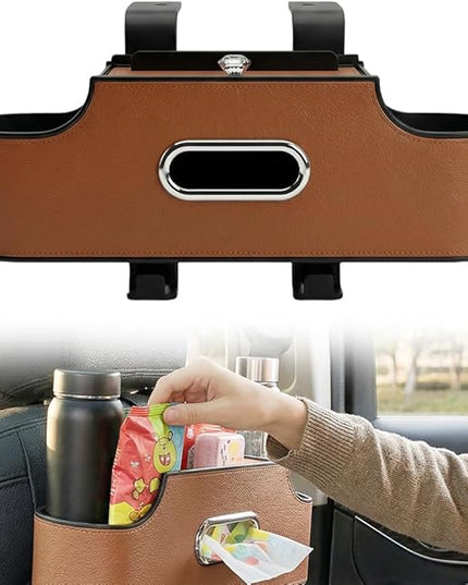 3-in-1 Back Seat Car Organizer, Car Seat Back Storage Box with Dual Cup Holders, Tissue Box, Trash Bin and Hooks, Multifunctional Back Seat Car Organizer for Travel and Daily Driving (Brown)
