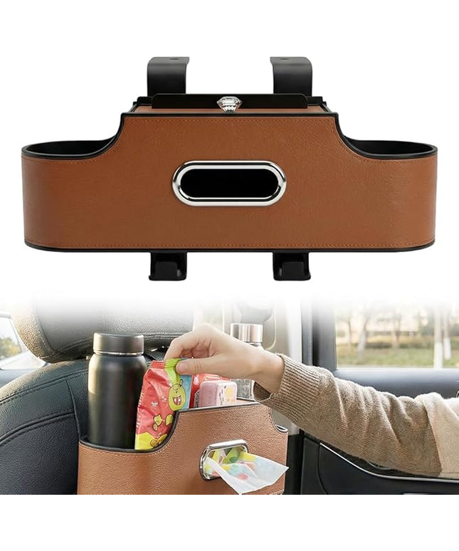 3-in-1 Back Seat Car Organizer, Car Seat Back Storage Box with Dual Cup Holders, Tissue Box, Trash Bin and Hooks, Multifunctional Back Seat Car Organizer for Travel and Daily Driving (Brown)