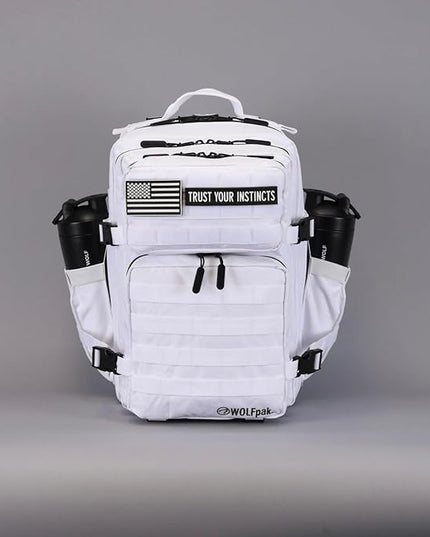 WOLFpak 35L Athletic Gym Backpack - Durable 1000D Waterproof Oxford Material with MOLLE Webbing, Laptop Pocket & Dual Cup Holders, Durable Fitness/Travel/Military Daypack (Polar White)