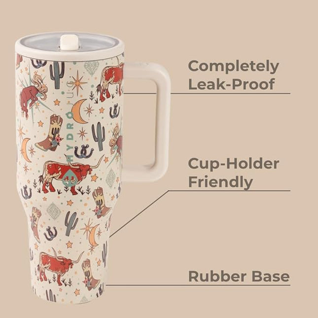 HydroJug Traveler - 32 oz Water Bottle with Handle & Flip Straw - Fits in Cup Holder, Leak Resistant Tumbler-Reusable Insulated Stainless Steel & Rubber Base - Gifts for Women & Men, Rodeo