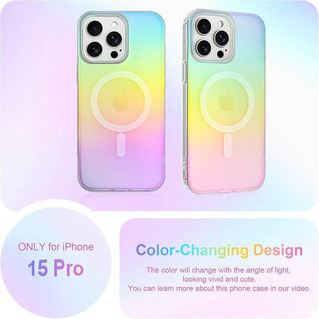 Cute Case for iPhone 15 Pro Case for Women Girls [Compatible with Magsafe] Aesthetic Girly Glitter Bling Rainbow Magnetic Protective Phone Cover, Translucent Iridescent Blue & Pink
