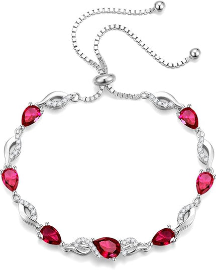 FANCIME Birthstone Teardrop Tennis Bracelet for Women, Sterling Silver 9x7mm main Gemstone Bolo Adjustable Chain Bracelet Fine Jewelry Birthday Gifts for Women Mom Wife Her