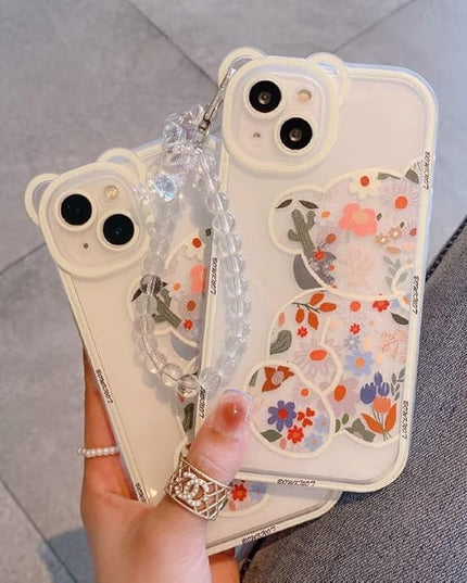 for iPhone 16 Case Clear Cute Flower Bear with Pearl Chain for Girls with Bear Ears Soft TPU Shockproof Protective Girly -Flower Bear