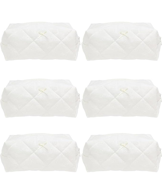 PAZIMIIK 6PCS Cozy Makeup Bag SET Travel Cosmetic Bag for Women Soft Toiletry Bag Aesthetic Makeup Organizer Portable Large Zipper Pouch for Skincare Beauty Accessories Brushes Embroidery White