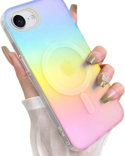 Cute Case for iPhone 16e Case for Women Girls [Compatible with Magsafe] Aesthetic Girly Glitter Bling Rainbow Magnetic Protective Phone Cover, Translucent Iridescent Blue & Pink