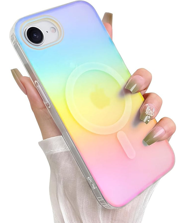 Cute Case for iPhone 16e Case for Women Girls [Compatible with Magsafe] Aesthetic Girly Glitter Bling Rainbow Magnetic Protective Phone Cover, Translucent Iridescent Blue & Pink