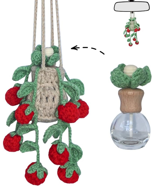 Handmade Crochet Hanging Car Air Freshener - Sweet Cherry Charm with 12ml Refillable Glass Essential Oil Bottle, Cute Car Accessories for Women & Bedroom Floral Decor