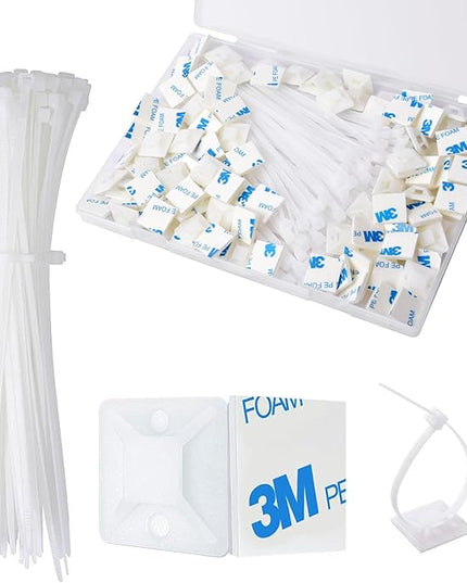 Strong Back-Glue Self Adhesive Cable Zip Tie Mounts Kit - 100 Set Cable Management Clips with 6" Zip Ties, Wire Holders - Outdoor Sticky Wire Organizer Clips - White