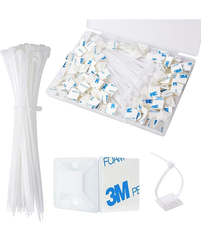 Strong Back-Glue Self Adhesive Cable Zip Tie Mounts Kit - 100 Set Cable Management Clips with 6" Zip Ties, Wire Holders - Outdoor Sticky Wire Organizer Clips - White