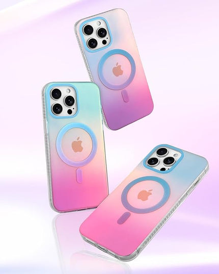 Aesthetic Case for iPhone 12 & 12 Pro Case for Women Girls, Compatible with Magsafe, Cute Girly Trendy Glitter Sparkly Rainbow Magnetic Protective Phone Cover, Matte Iridescent Blue & Pink